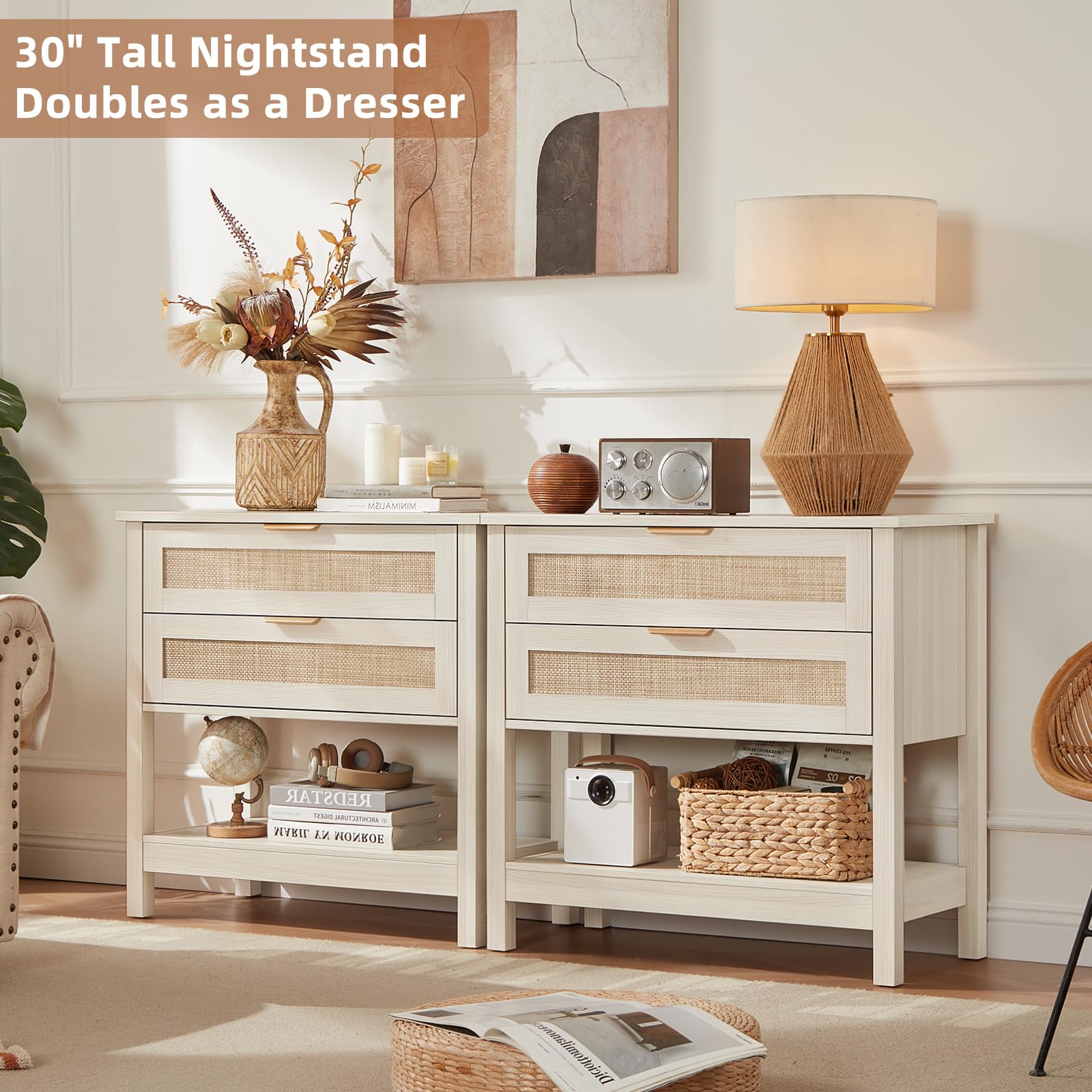 Lerliuo 31.5" Wide Rattan Nightstand,Oversized Large Boho Night Stand with 2 Drawers, 30" Tall Grey White Bedside Table with Storage Shelf, Bed Side End Tables for Bedroom, Living Room, Hallway