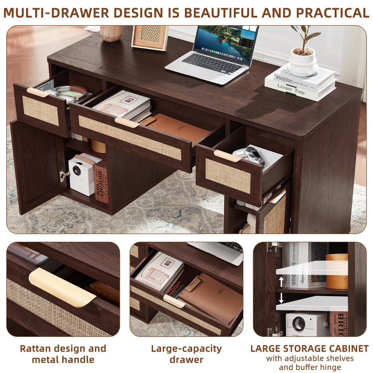 LEYAOYAO Office Desk 56" with 5 Drawers Storage File Cabinet, Natural
