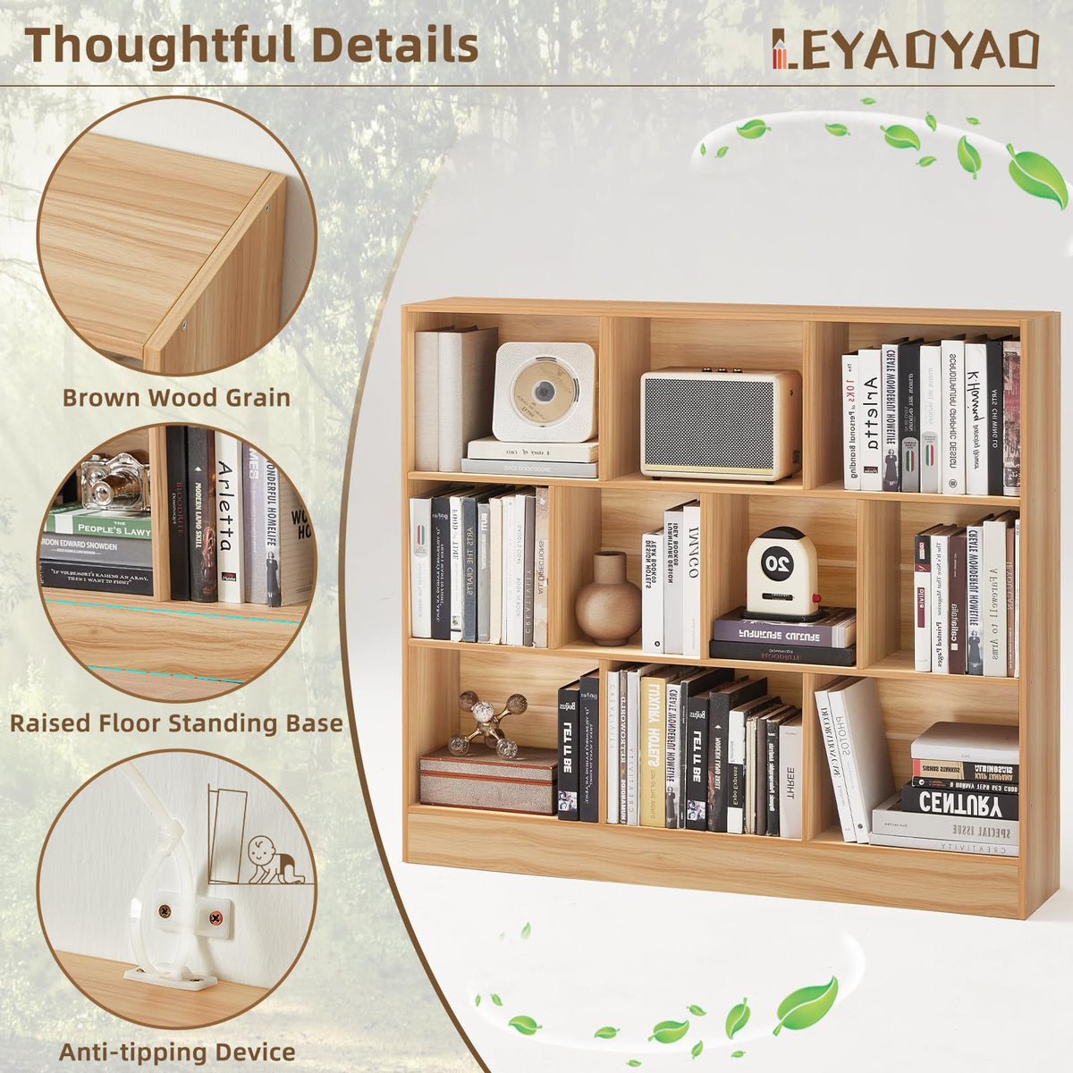 LEYAOYAO 7 Cube Bookshelf with Base,3 Tier Mid-Century Modern Blue Bookcase,Standing Wide Bookshelves Storage Organizer Shelf,Rustic Wood Display Cabinet Book Shelves for Bedroom,Living Room,Office