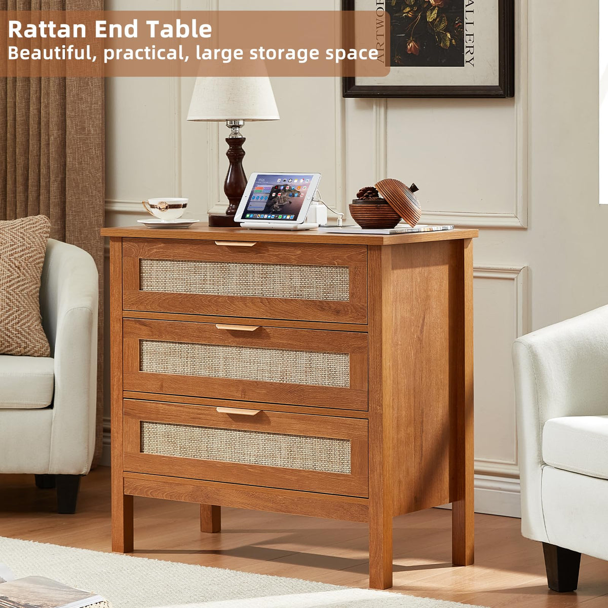 LEYAOYAO 26.8" Wide Rattan Nightstands Set of 2, Large Boho Night Stand