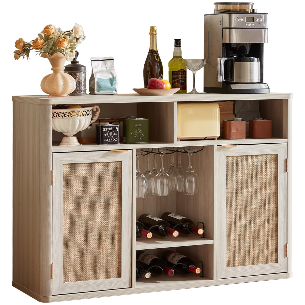 Lerliuo Rattan Wine Bar Cabinet with 2 Doors, Walnut