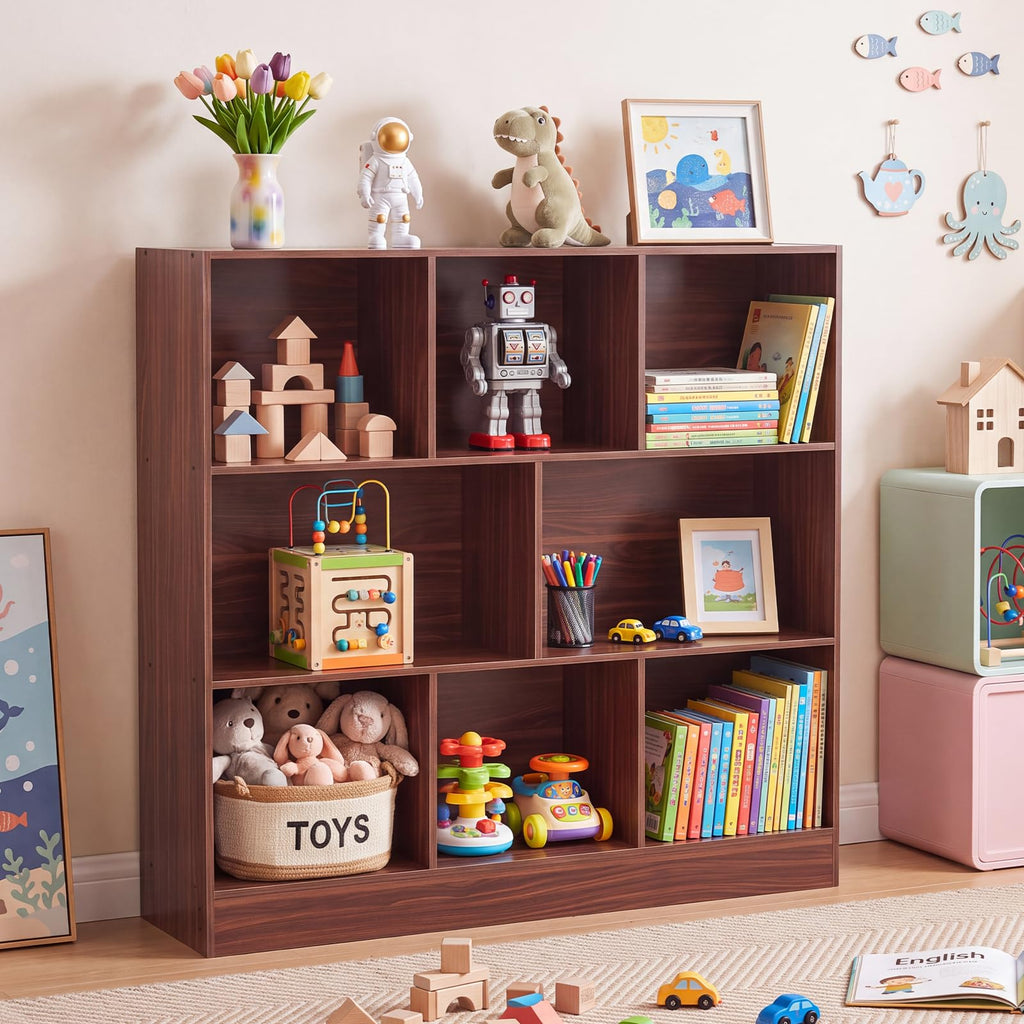 LEYAOYAO 7 Cube Bookshelf with Base,3 Tier Mid-Century Modern Blue Bookcase,Standing Wide Bookshelves Storage Organizer Shelf,Rustic Wood Display Cabinet Book Shelves for Bedroom,Living Room,Office