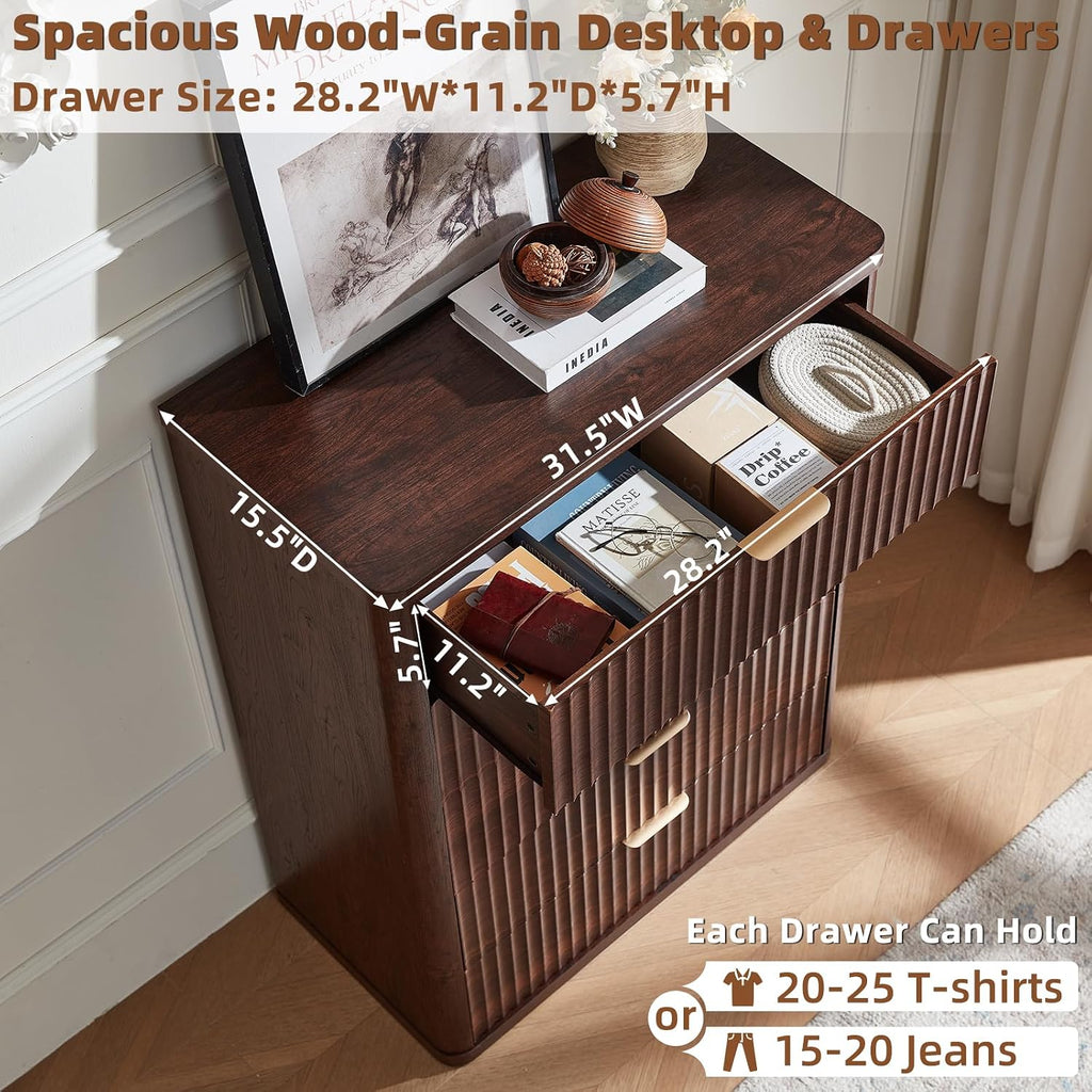 LEYAOYAO 23" Wide Fluted Night Stand with Charging Station, 3 Drawers Large End Table with Storage, Natural Nightstand Wood Bedside Tables, Farmhouse Cabinet Dresser for Bedroom, Closet