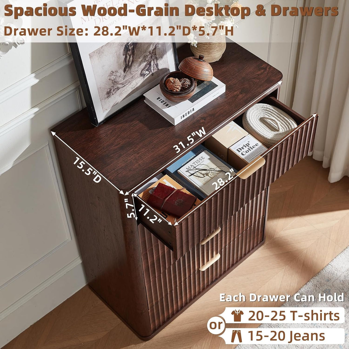 LEYAOYAO 23" Wide Fluted Night Stand with Charging Station, 3 Drawers Large End Table with Storage, Natural Nightstand Wood Bedside Tables, Farmhouse Cabinet Dresser for Bedroom, Closet