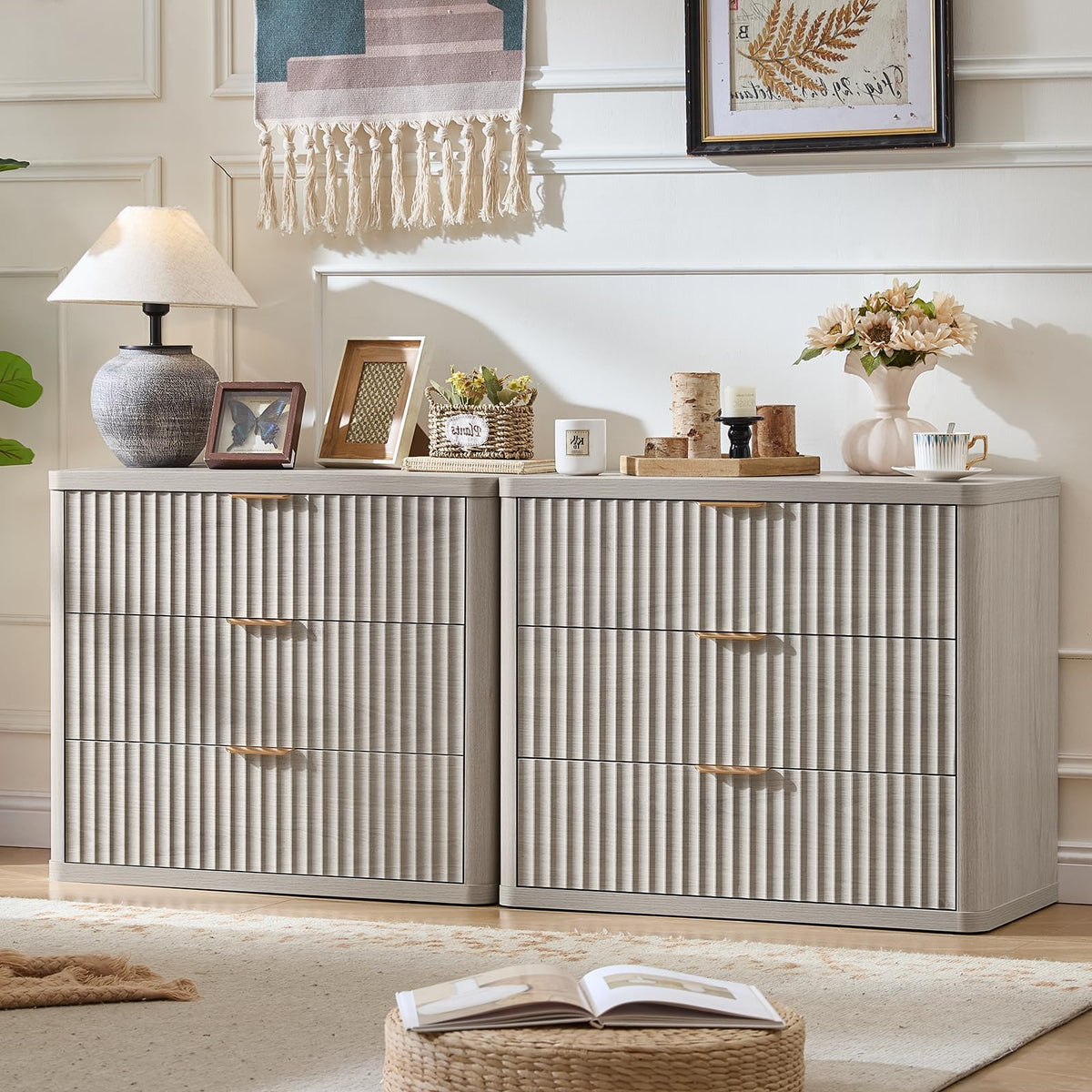 LEYAOYAO 31.5" Wide Fluted Nightstand, Oversized Night Stand, Antique White