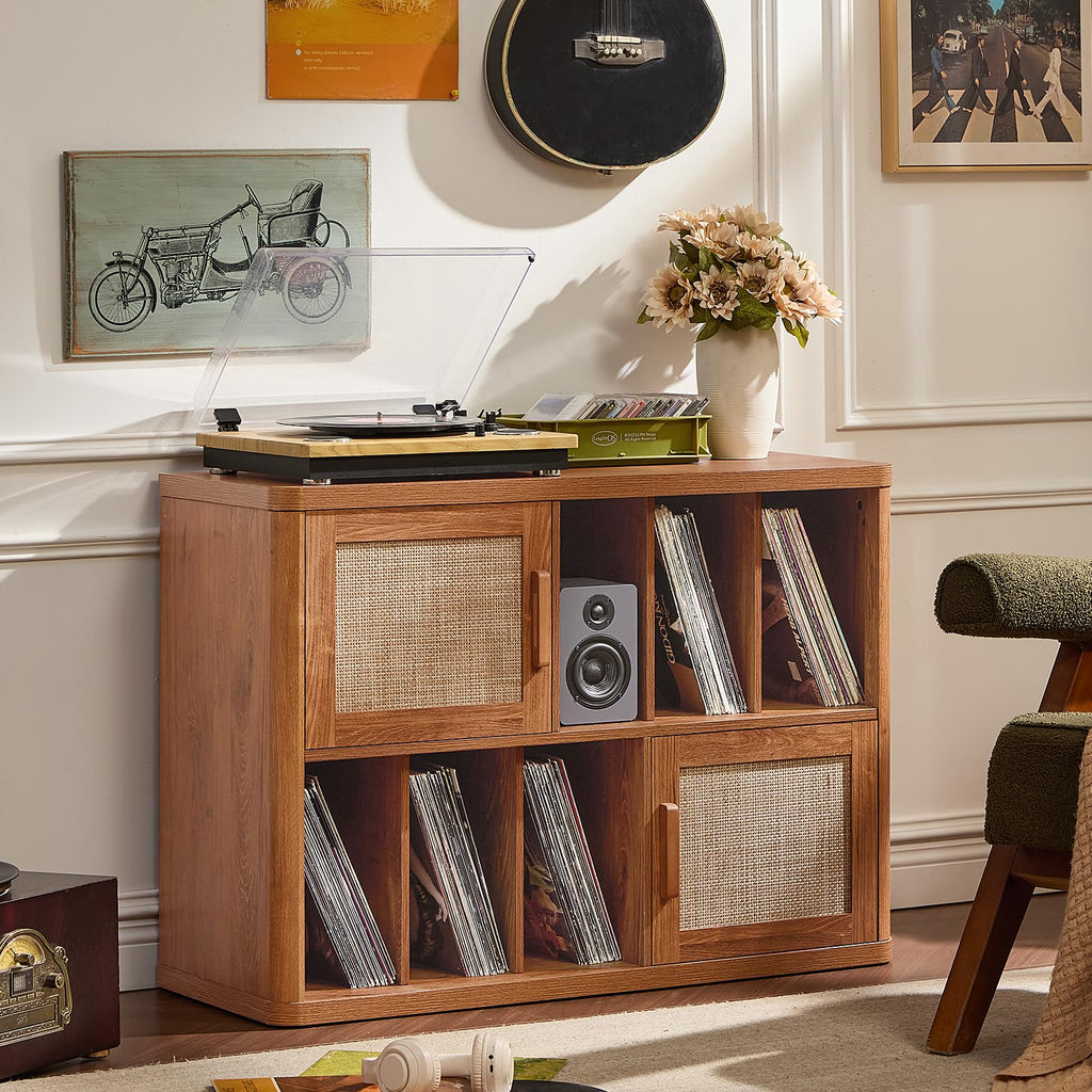 LEYAOYAO Large Record Player Stand with Vinyl Storage Up to 450 Albums, Wood Fluted Record Storage Accent Cabinet, Modern Stereo Media Cabinets, Wide Turntable Stand for Living Room, Antique White