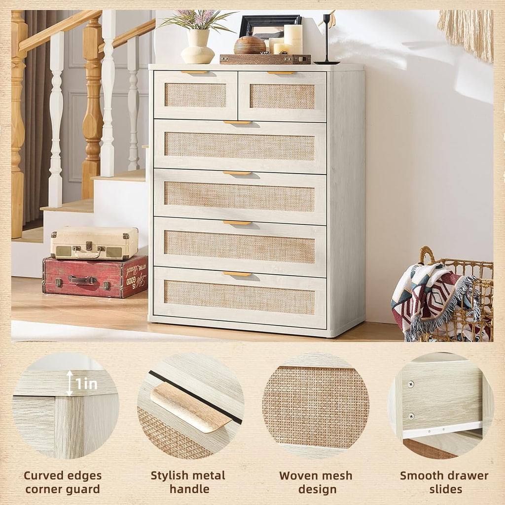 LEYAOYAO Rattan Dresser and Nightstand Set of 3, Boho Wood Dresser for Bedroom with 6 Drawers and Night Stand with Charging Station, Bedroom Furniture, Dressers & Chests of Drawers, Living Room