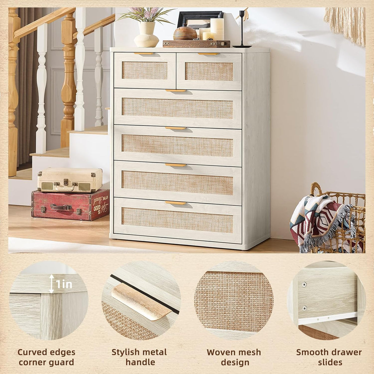 LEYAOYAO Rattan Dresser and Nightstand Set of 3, Boho Wood Dresser for Bedroom with 6 Drawers and Night Stand with Charging Station, Bedroom Furniture, Dressers & Chests of Drawers, Living Room
