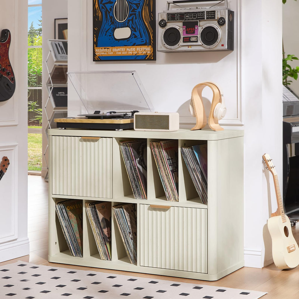 LEYAOYAO Large Record Player Stand with Vinyl Storage Up to 450 Albums, Wood Fluted Record Storage Accent Cabinet, Modern Stereo Media Cabinets, Wide Turntable Stand for Living Room, Antique White