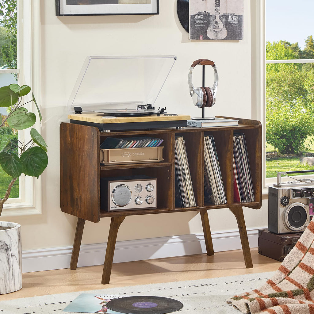 Lerliuo Record Player Stand with 4 Cabinet Holds Up to 220 Albums,Oak