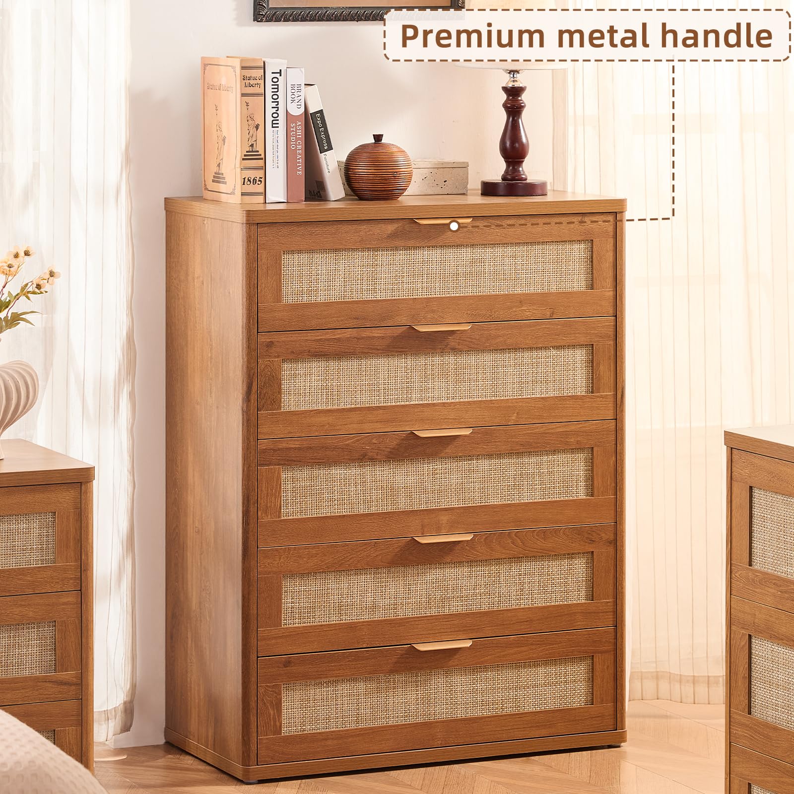 LEYAOYAO Rattan Dresser and Nightstand Set of 3, Boho Wood Dresser for Bedroom with 6 Drawers and Night Stand with Charging Station, Bedroom Furniture, Dressers & Chests of Drawers,Hallway,Living Room