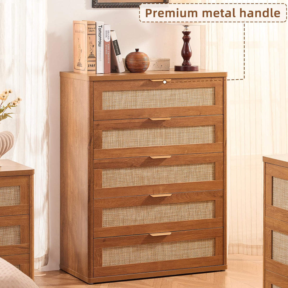 LEYAOYAO Rattan Dresser and Nightstand Sets 4 Piece, Grey White
