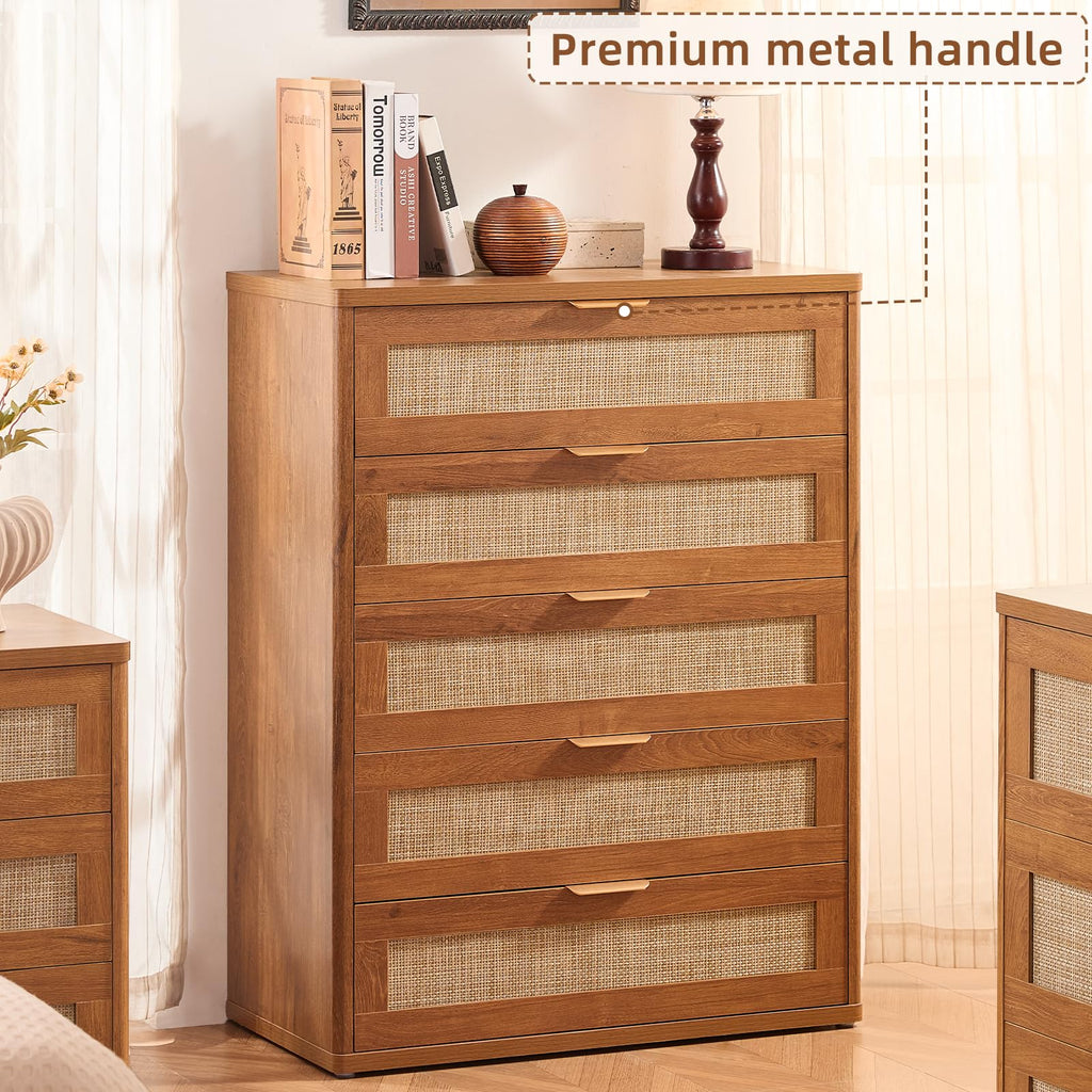 LEYAOYAO Rattan Dresser and Nightstand Sets 4 Piece, Grey White