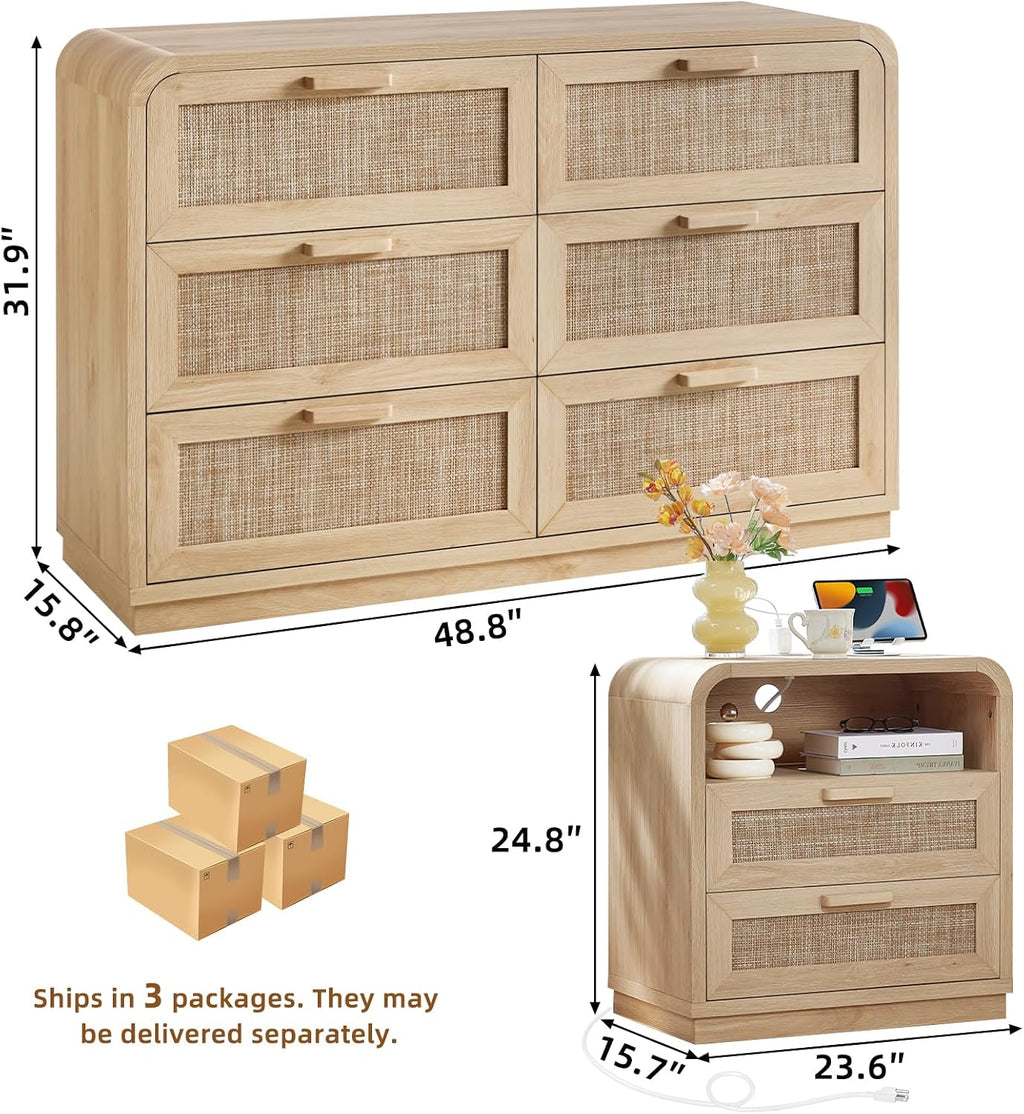 LEYAOYAO Curved Boho Dresser & Nightstand Set of 3, Natural Wood