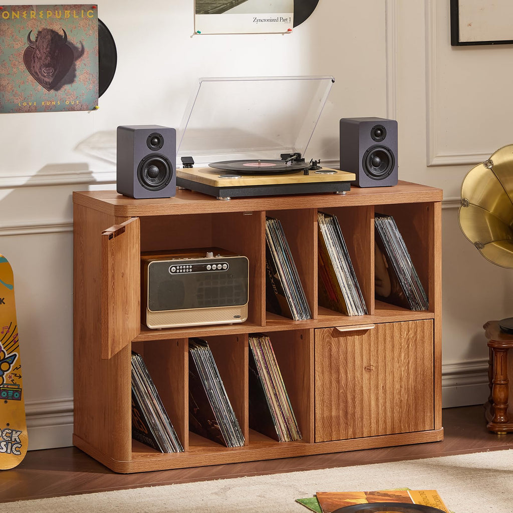 LEYAOYAO Large Record Player Stand with Vinyl Storage Up to 450 Albums, Wood Fluted Record Storage Accent Cabinet, Modern Stereo Media Cabinets, Wide Turntable Stand for Living Room, Antique White