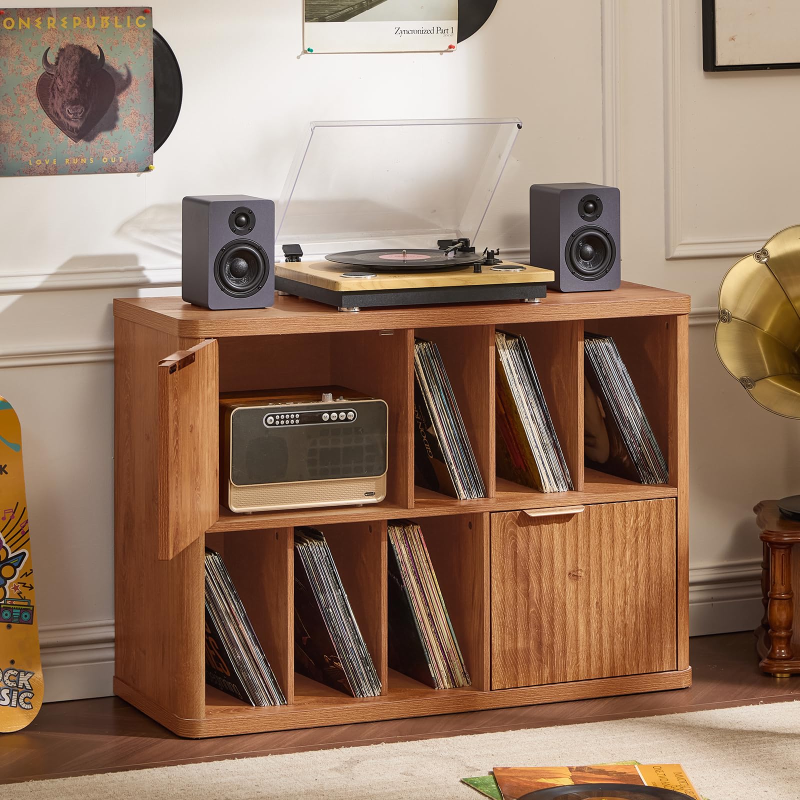 LEYAOYAO Large Record Player Stand with Vinyl Storage Up to 450 Albums, Wood Fluted Record Storage Accent Cabinet, Modern Stereo Media Cabinets, Wide Turntable Stand for Living Room, Antique White