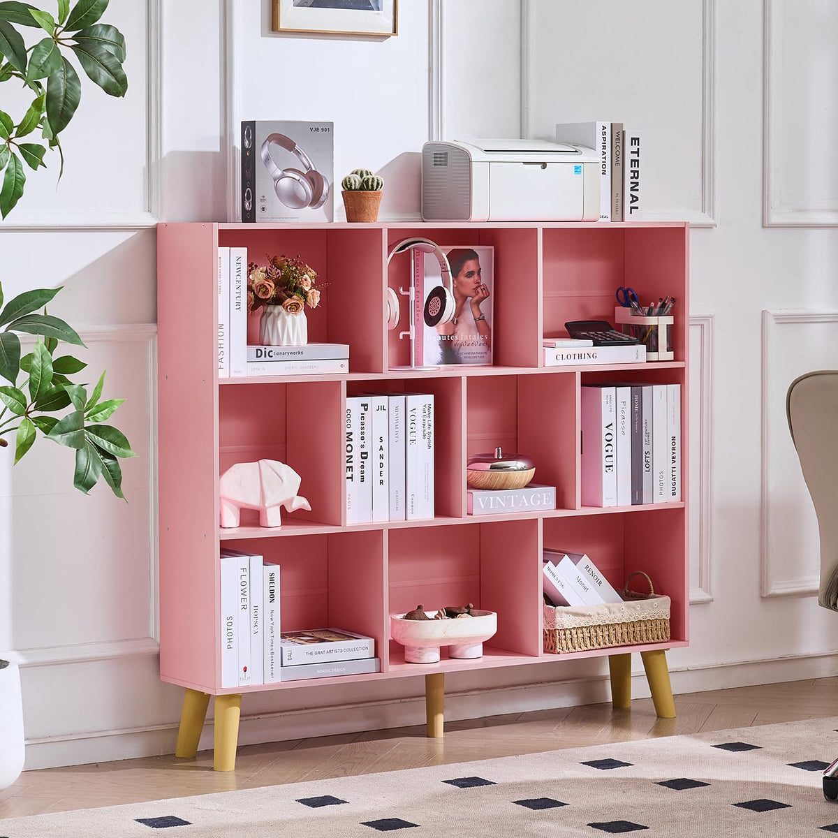 LEYAOYAO Cube Bookshelf, Mid-Century Modern Book Shelf with Legs, Brown