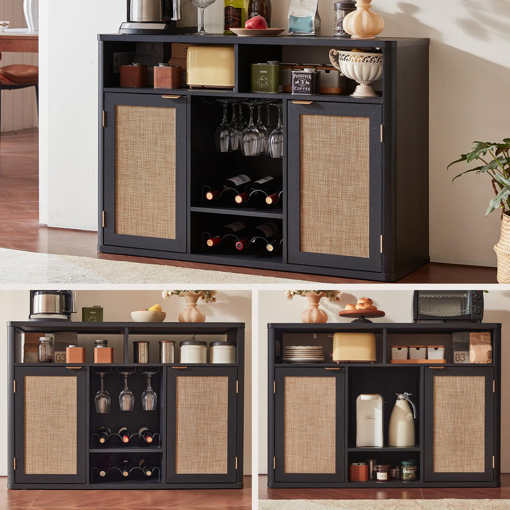 Lerliuo Rattan Wine Bar Cabinet with 2 Doors, Walnut