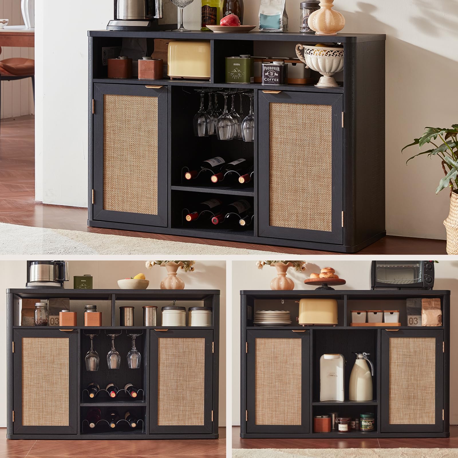 Lerliuo Rattan Wine Bar Cabinet with 2 Doors, Walnut