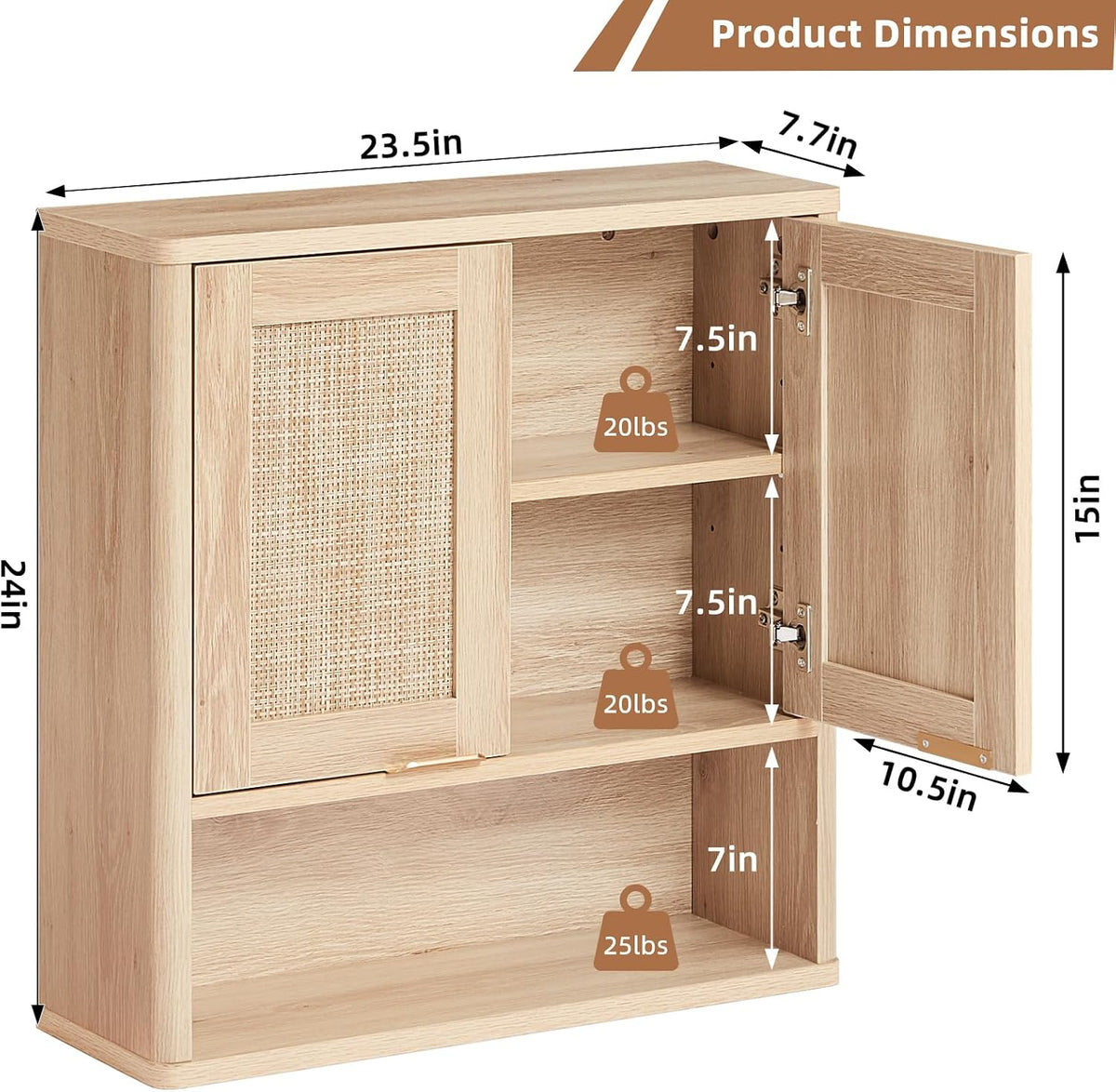 Lerliuo Rattan Bathroom Wall Cabinet, Boho Natural Medicine Cabinet with Adjustable Wood Shelf, 2 Doors Over The Toilet Storage Cabinets for Laundry Room, Kitchen, Living Room