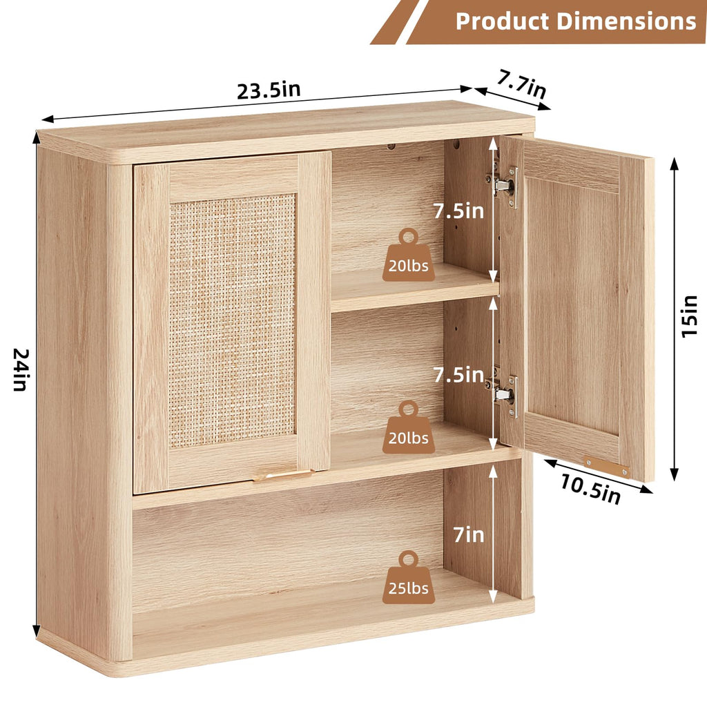 Lerliuo Rattan Bathroom Wall Cabinet, Boho Natural Medicine Cabinet with Adjustable Wood Shelf, 2 Doors Over The Toilet Storage Cabinets for Laundry Room, Kitchen, Living Room