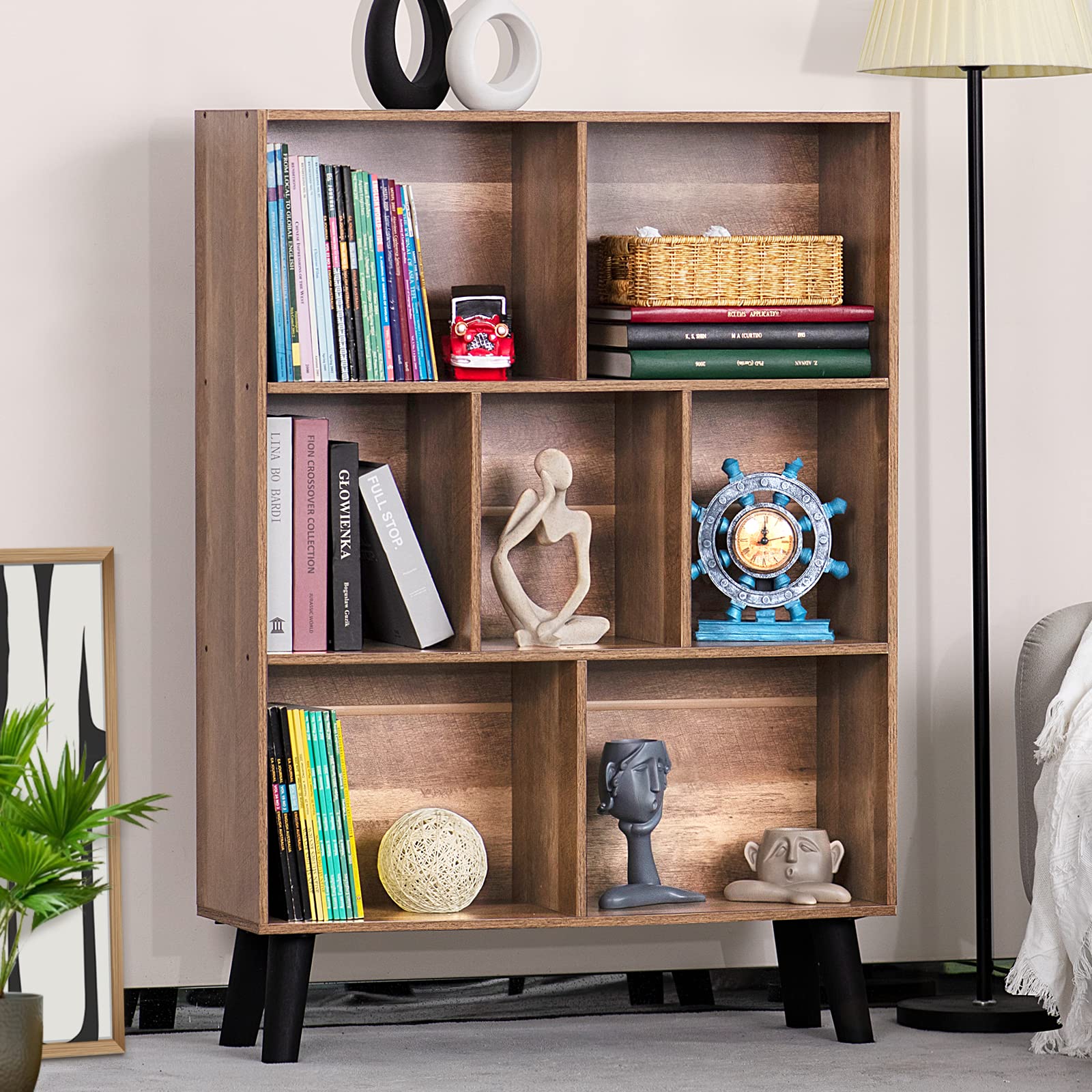 LEYAOYAO Cube Bookshelf, Mid-Century Modern Book Shelf with Legs, Brown