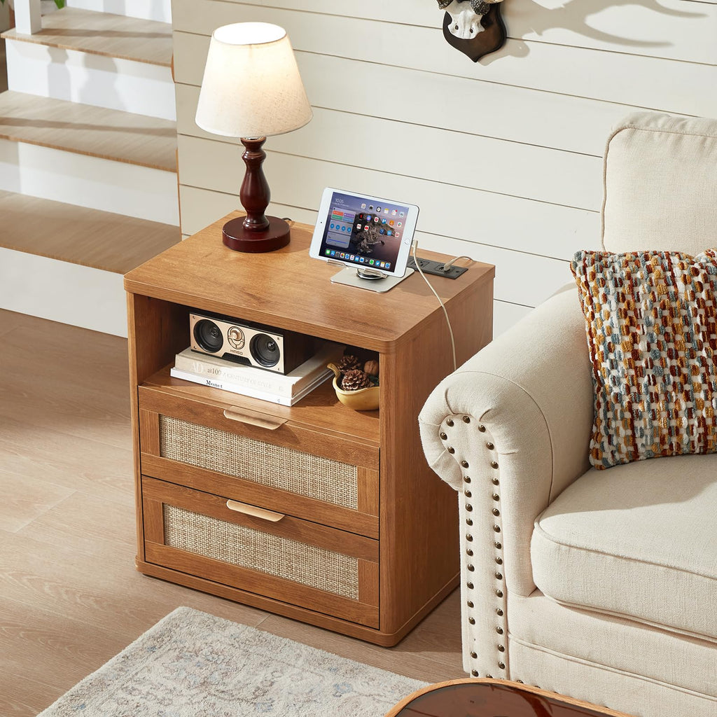 LEYAOYAO Rattan Nightstands Set of 2 with Charging Station, Boho Night Stand Dresser for Bedroom with Drawer, Grey White Bedside Table Open Storage Cabinet, Bed Side End Table, Living Room, Hallway