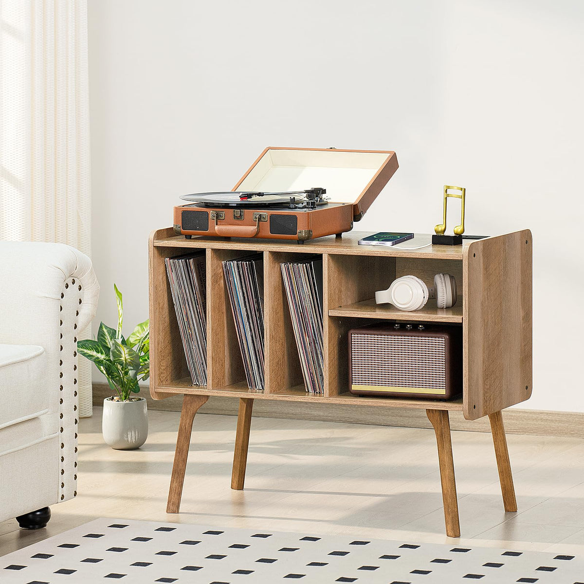 Lerliuo Record Player Stand with Charging Station Up to 220 Albums,Black
