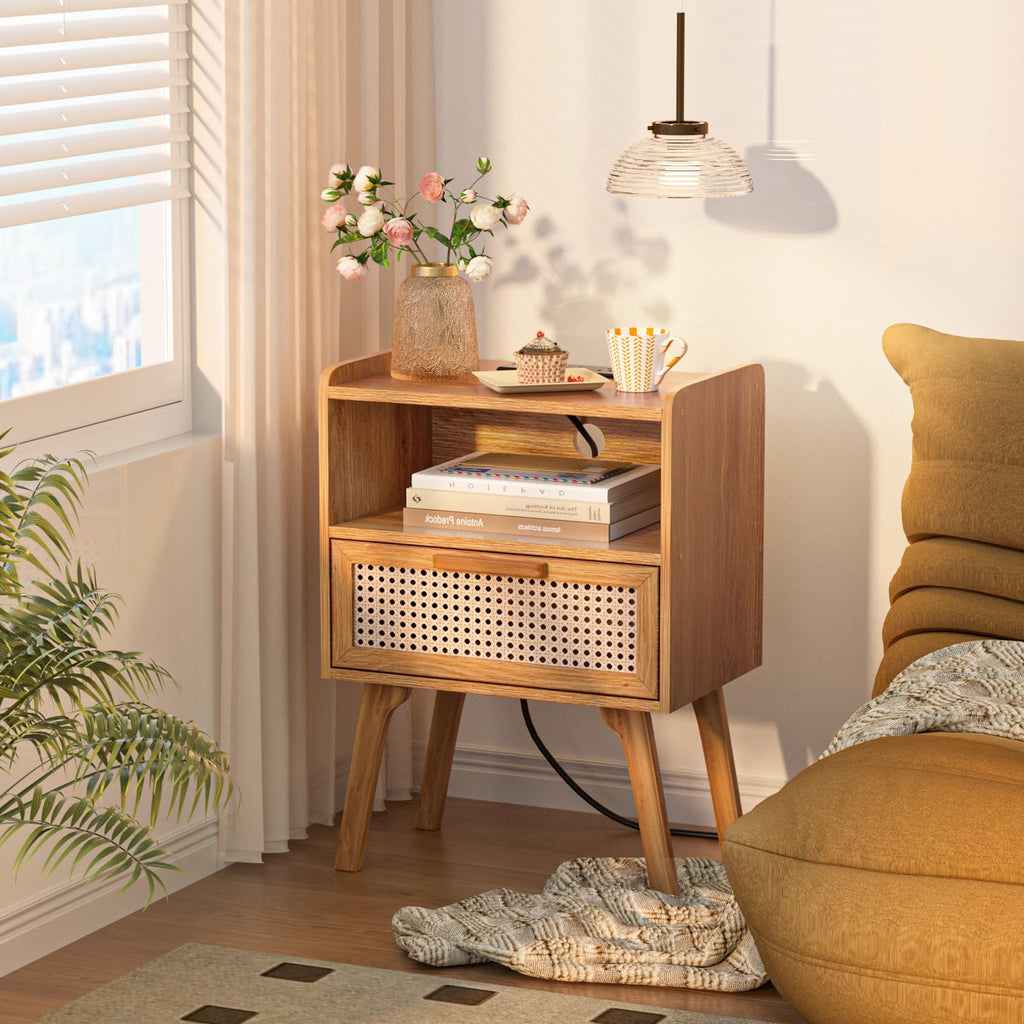 Lerliuo Rattan Nightstand with Charging Station, Boho Night Stand