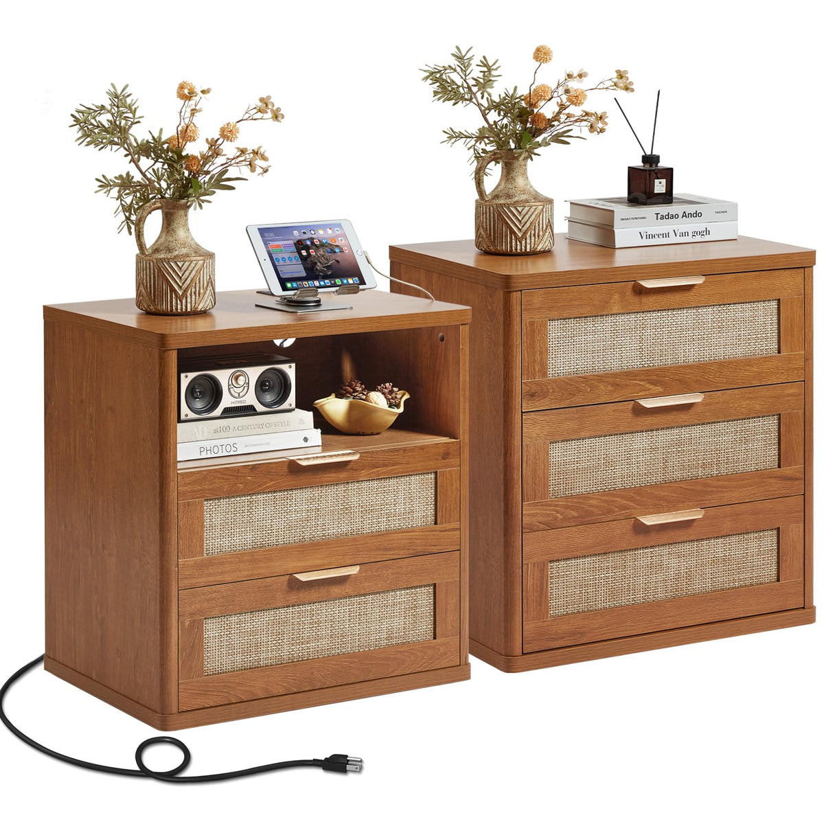 LEYAOYAO Rattan Nightstand Set of 2 with Charging Station, 1 & 2 Drawers Boho Night Stand Dresser for Bedroom, Natural Wood Bedside Table Open Storage Cabinet, Bed Side End Tables, Living Room,Hallway