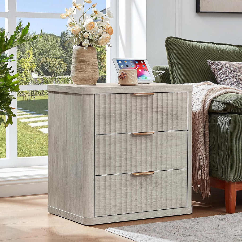 LEYAOYAO 23" Wide Fluted Night Stand with Charging Station, 3 Drawers Large End Table with Storage, LightGrey Nightstand Wood Bedside Tables, Farmhouse Cabinet Dresser for Bedroom, Closet