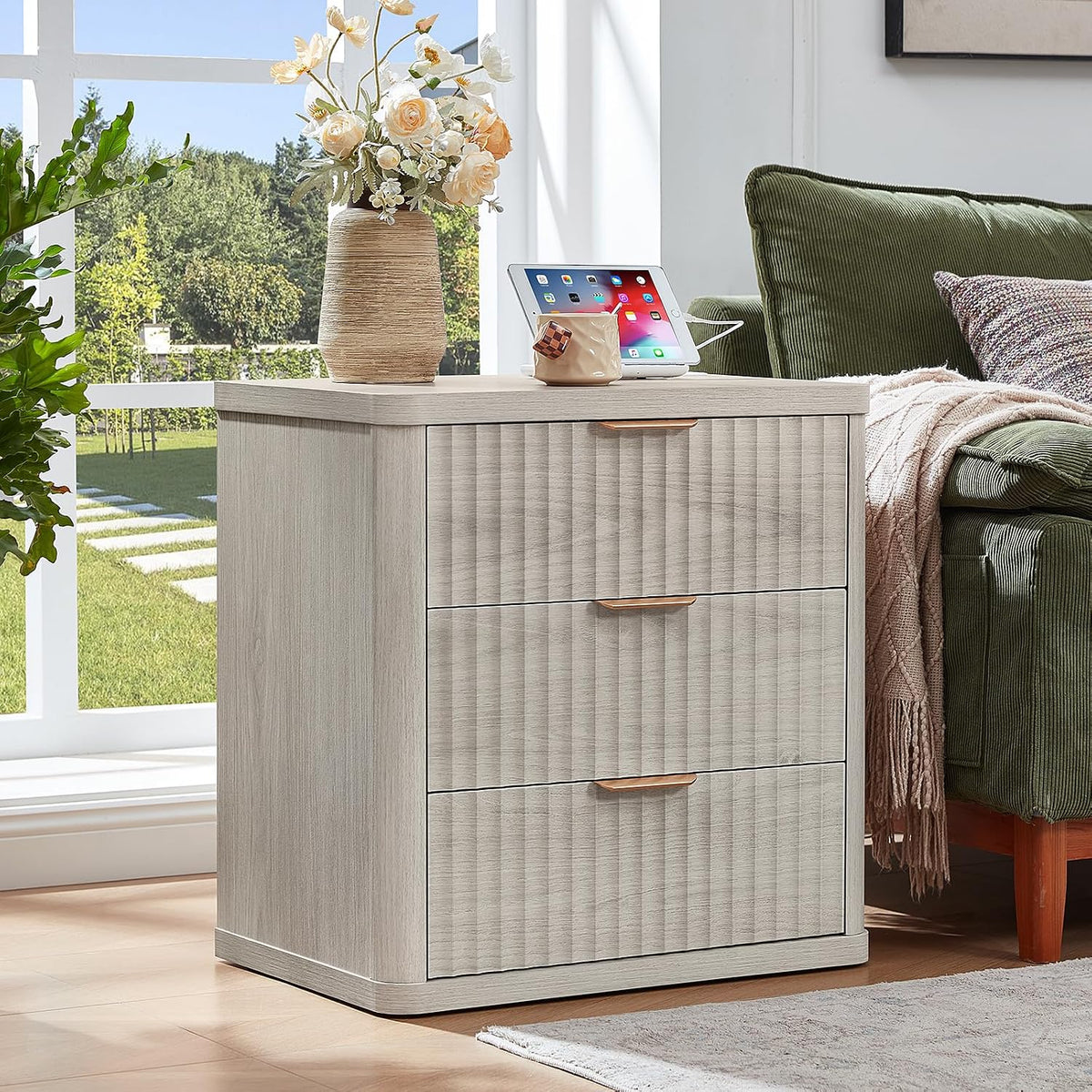 LEYAOYAO 23" Wide Fluted Night Stand with Charging Station, 3 Drawers Large End Table with Storage, LightGrey Nightstand Wood Bedside Tables, Farmhouse Cabinet Dresser for Bedroom, Closet