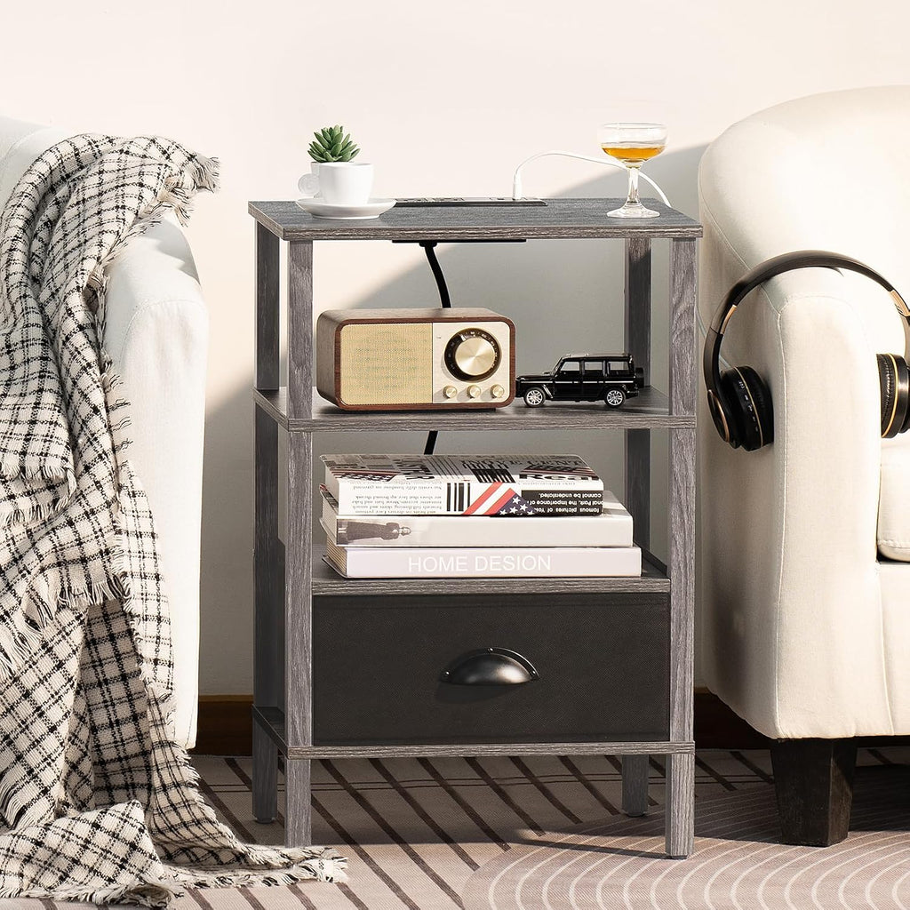 Lerliuo Nightstand Set of 2 with Charging Station and USB Ports, 3-Tier Storage End Table with Cloth Drawer Shelf, Night Stand for Small Spaces, Wood Bedside Table for Living Room, Bedroom - Grey