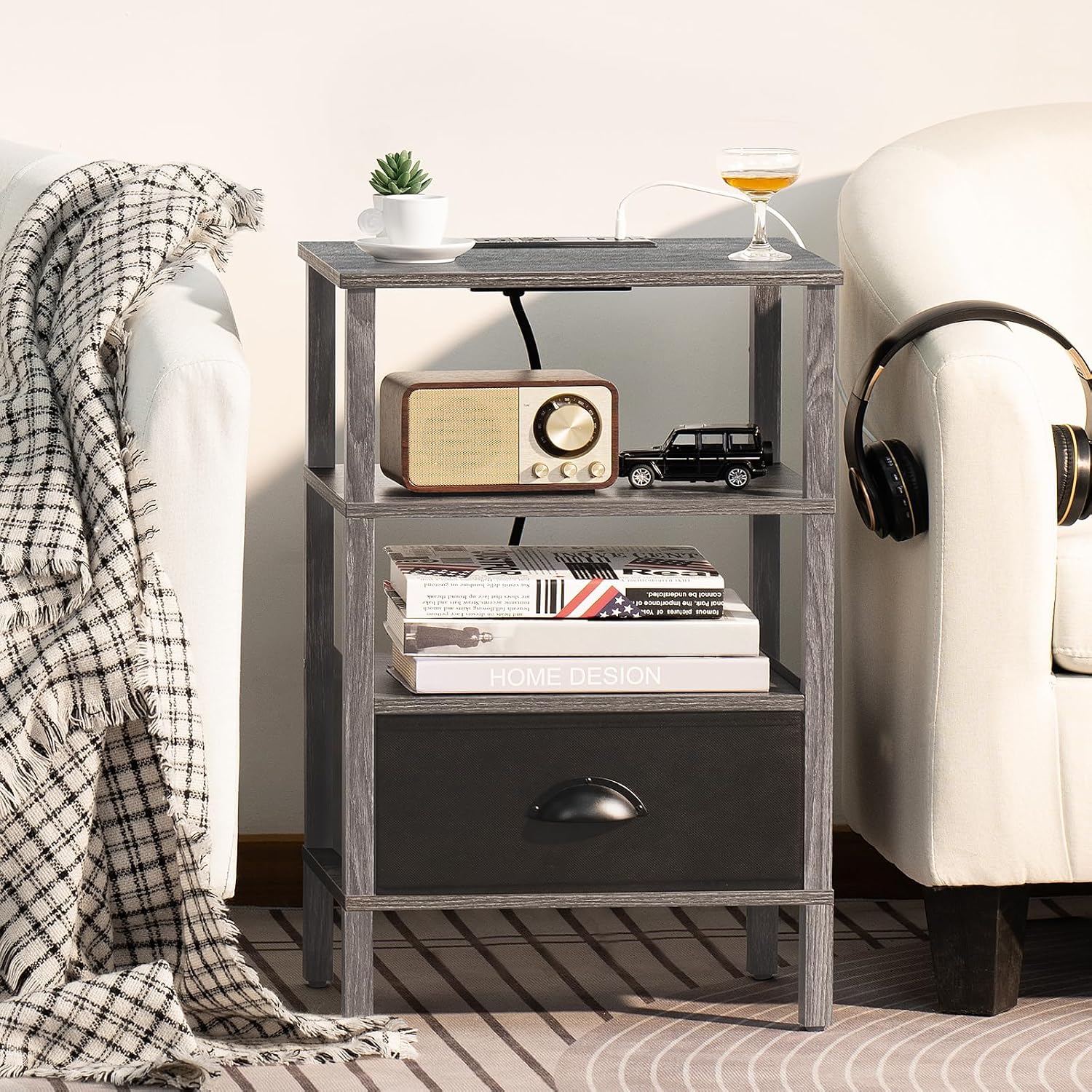 Lerliuo Nightstand Set of 2 with Charging Station and USB Ports, 3-Tier Storage End Table with Cloth Drawer Shelf, Night Stand for Small Spaces, Wood Bedside Table for Living Room, Bedroom - Grey