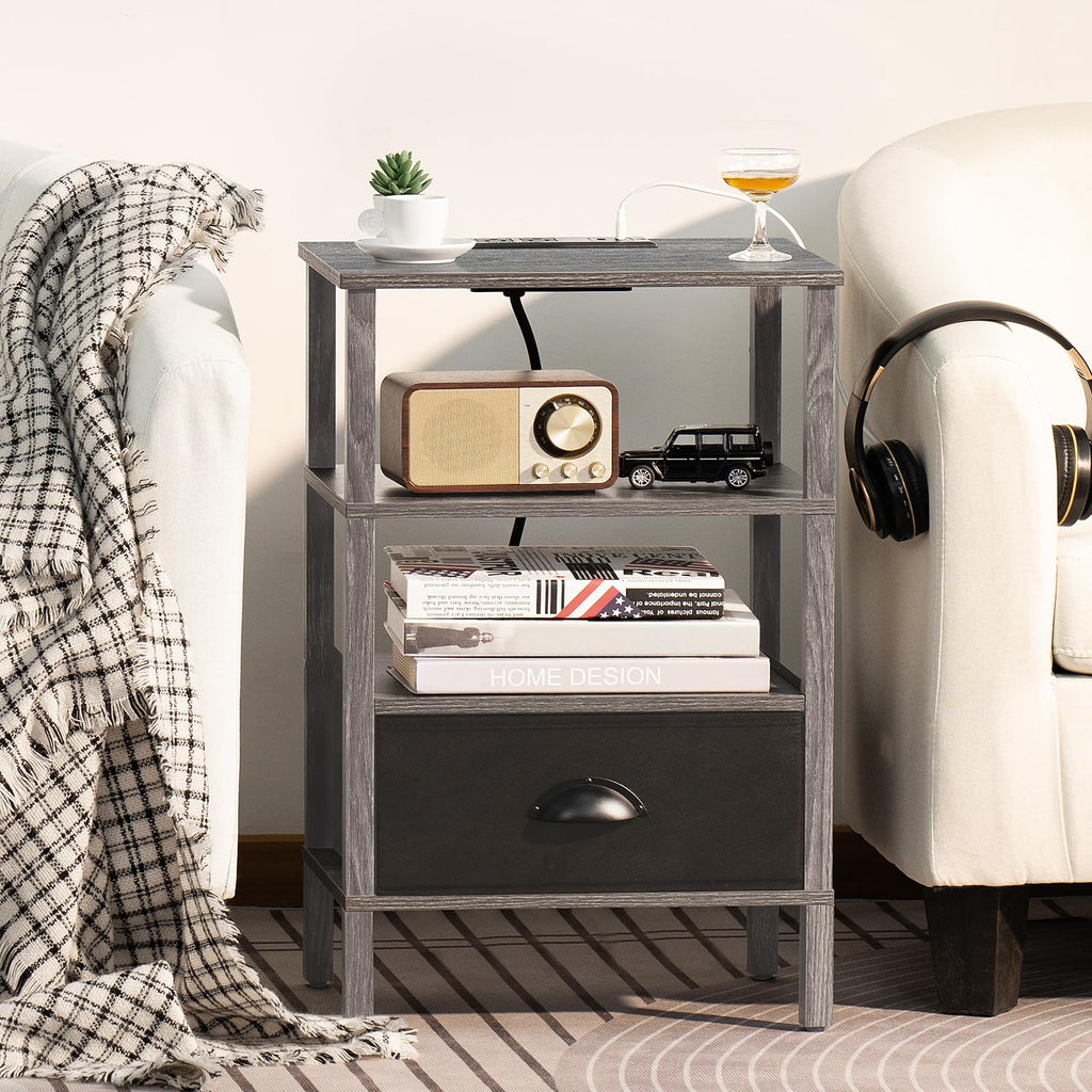 Lerliuo Nightstand Set of 2 with Charging Station and USB Ports, 3-Tier Storage End Table with Cloth Drawer Shelf, Night Stand for Small Spaces, Wood Bedside Table for Living Room, Bedroom - Grey