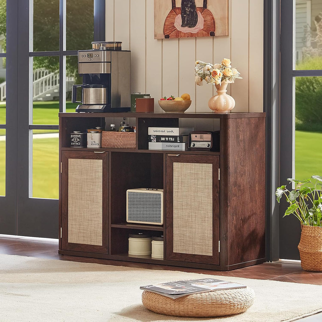 Lerliuo Rattan Wine Bar Cabinet with 2 Doors, Walnut