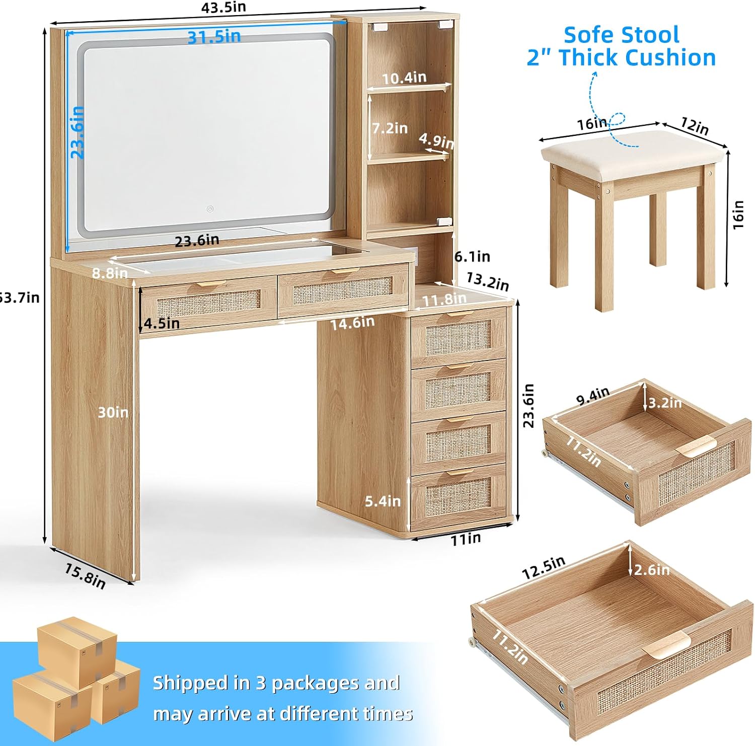 LEYAOYAO Rattan Makeup Vanity Desk with Stool, Mirror and Lights