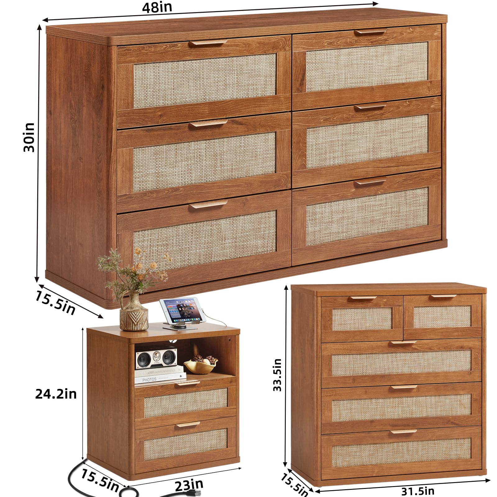 LEYAOYAO Rattan Dresser and Nightstand Sets 4 Piece, Boho Wood Dresser for Bedroom with 6 Drawers and Night Stand with Charging Station, Bedroom Furniture, Dressers & Chests of Drawers, Hallway