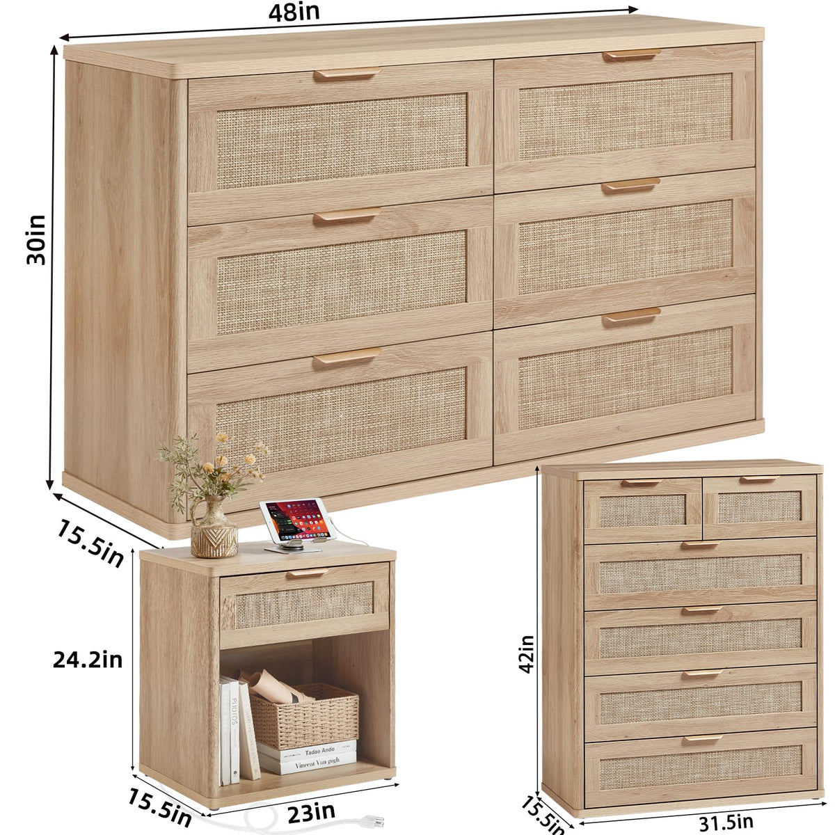 LEYAOYAO Rattan Dresser and Nightstand Sets 4 Piece, Natural