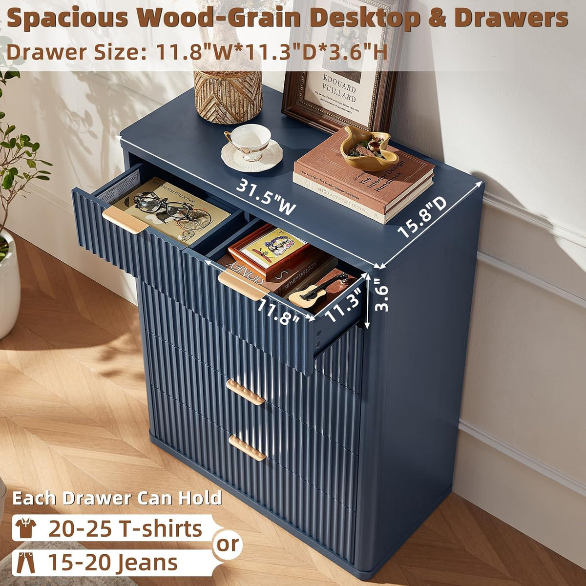 LEYAOYAO Fluted 6 Drawers Dresser for Bedroom Set of 2, 42" Tall Modern Chest of Drawers with Metal Handle, Curved Profile Design,Wood Drawer Organizer for Bedroom, Living Room, Hallway,Blue