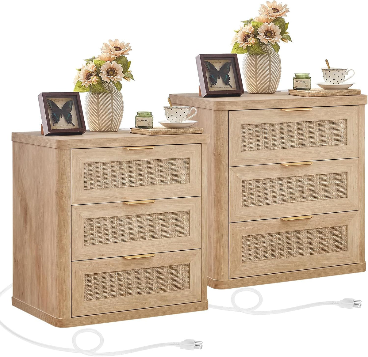 LEYAOYAO Rattan 23" Nightstands with Charger Station 2 Drawers