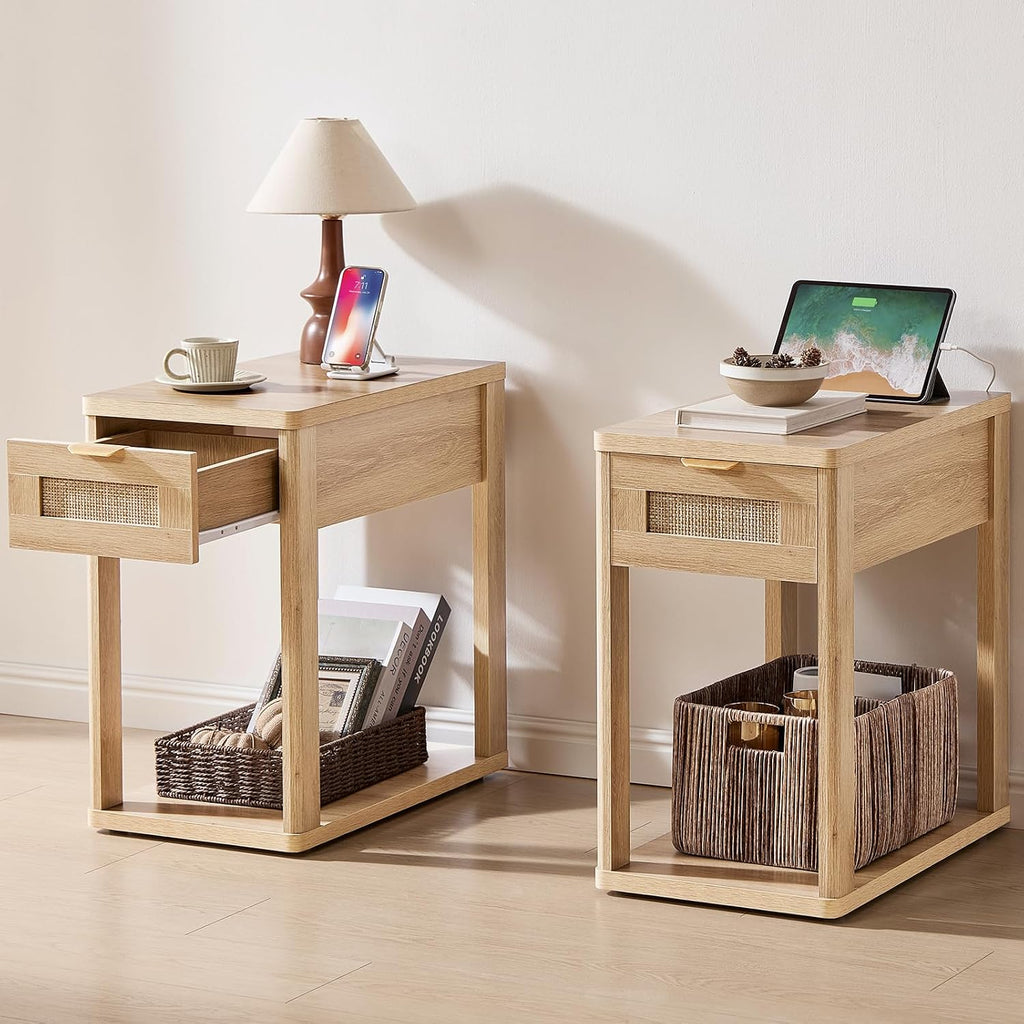 LEYAOYAO Narrow Side Table with Charging Station, Rattan 24 x 14''