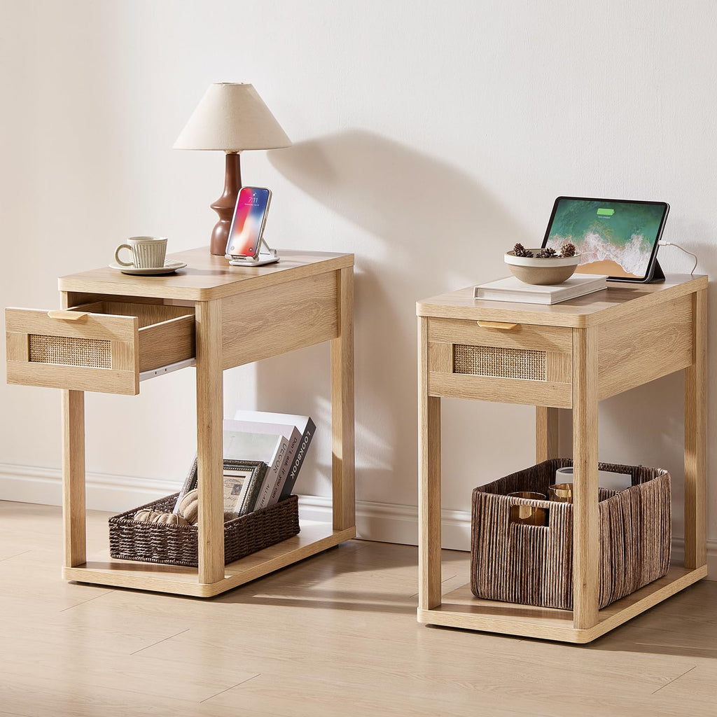 LEYAOYAO Narrow Side Table with Charging Station, Rattan 24 x 14''