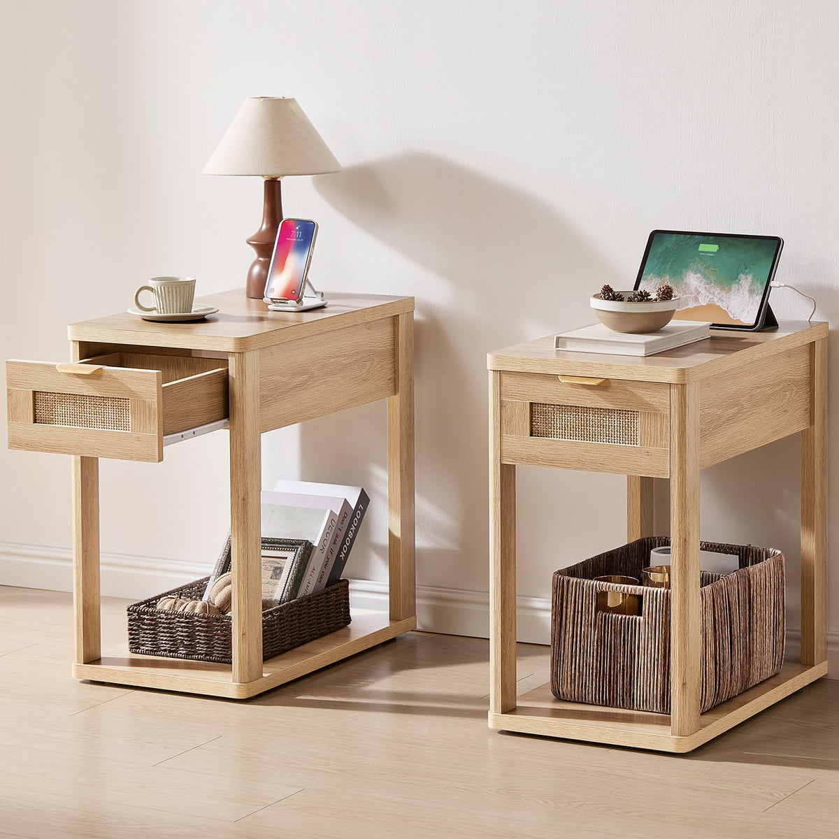 LEYAOYAO Narrow Side Table with Charging Station, Rattan 24 x 14''