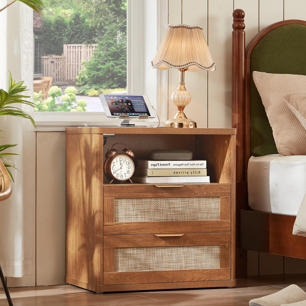 Lerliuo Rattan NightStand with Charger Station, 23" Wide Boho Bedside Table with Drawers, Natural Wood Night Stand Open Storage Cabinet, Bed Side End Table Dresser for Living Room, Hallway, Bedroom