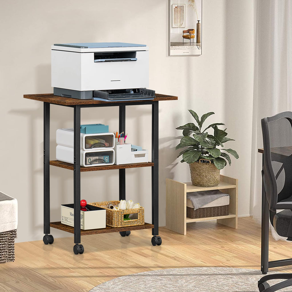 Lerliuo 3-Tier Printer Stand, Industrial Mobile Printer Table with Storage Shelf and Steel Frame, Rolling Printer Cart Holder with Lockable Wheels for Home, Office (White)