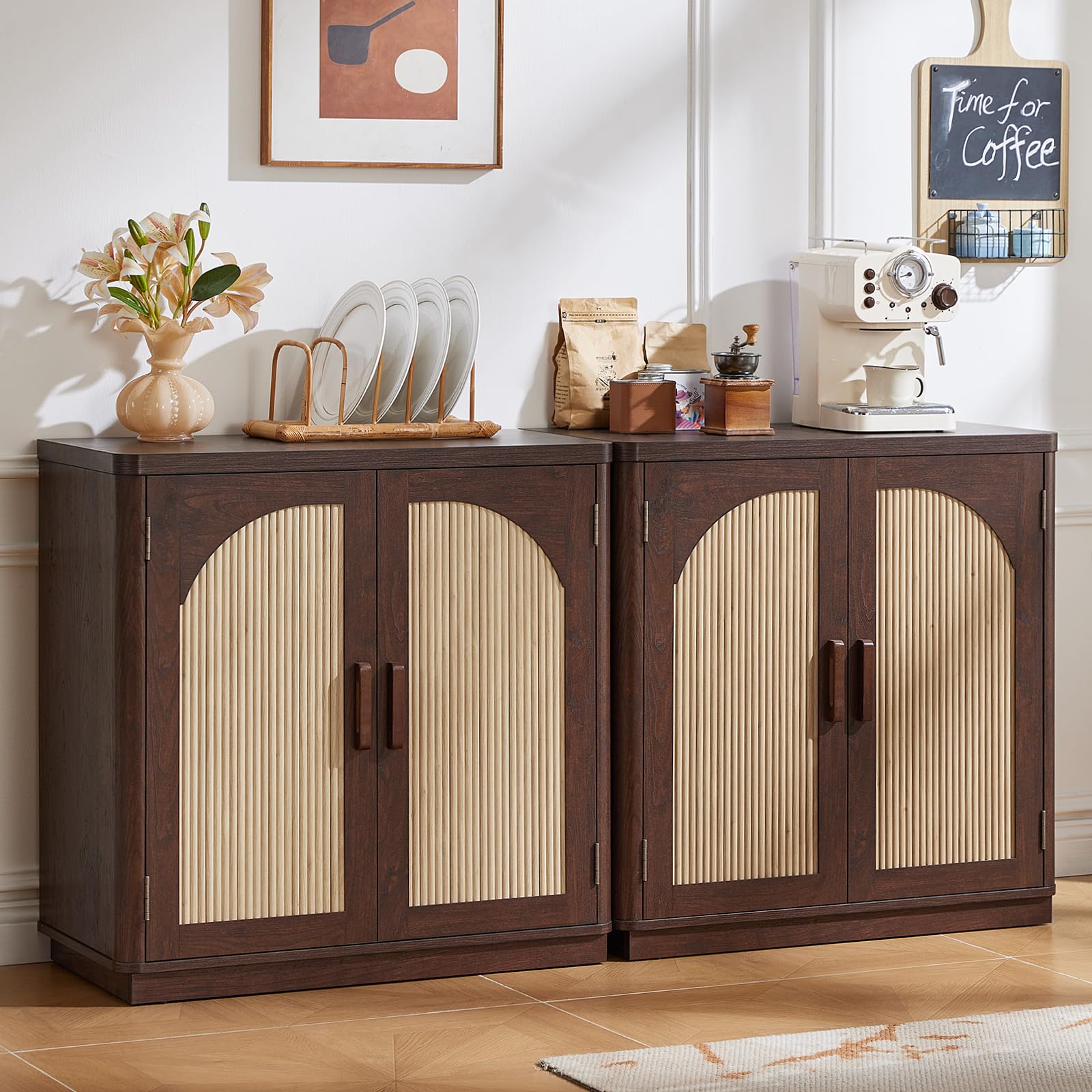 LEYAOYAO Fluted Buffet Cabinet with Storage, 31.5" Coffee Bar Cabinet with Arch Doors & Adjustable Shelves, Mid Century Modern Sideboard, Wood Credenza for Kitchen, Living Room, Natural