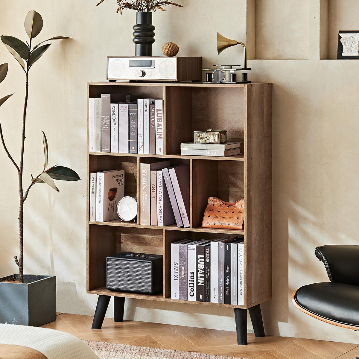 LEYAOYAO 7 Cube Bookshelf, Mid-Century Modern Bookcase Legs,Black Wooden Book Shelves, Wood 3-Tier Freestanding Storage Organizer Display Shelf for Bedroom,Living Room,Office