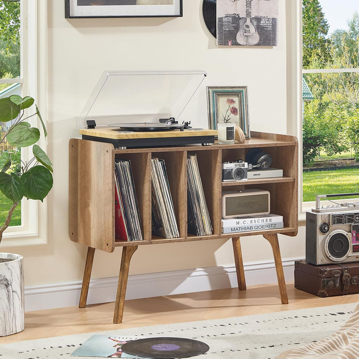 Lerliuo Record Player Stand with 4 Cabinet Holds Up to 220 Albums,Oak