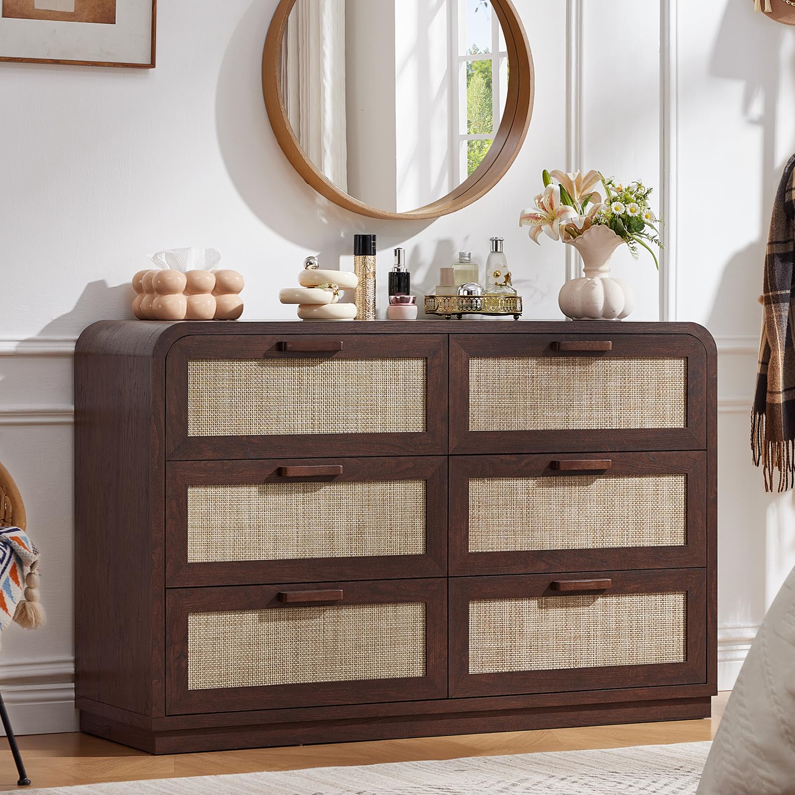 LEYAOYAO Curved Boho Dresser & Nightstand Set of 3, Natural Wood